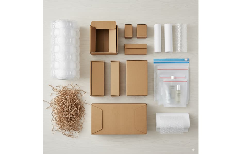 Ảnh: Vật liệu đóng gói mỹ phẩm phổ biến như hộp carton, túi khí, giấy nhăn.